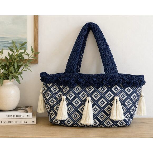 IL GIARDINO DI PIPPO Handbags - IL GIARDINO DI PIPPO Blue White Woven Tote Bag Tassel Macrame Handles Large